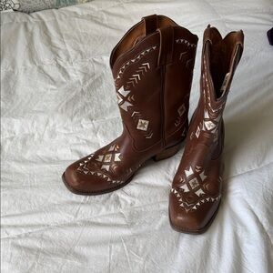 Dingo Cowboy Boots Women 11M Brown Leather Western Embroidered Aztec Square Toe